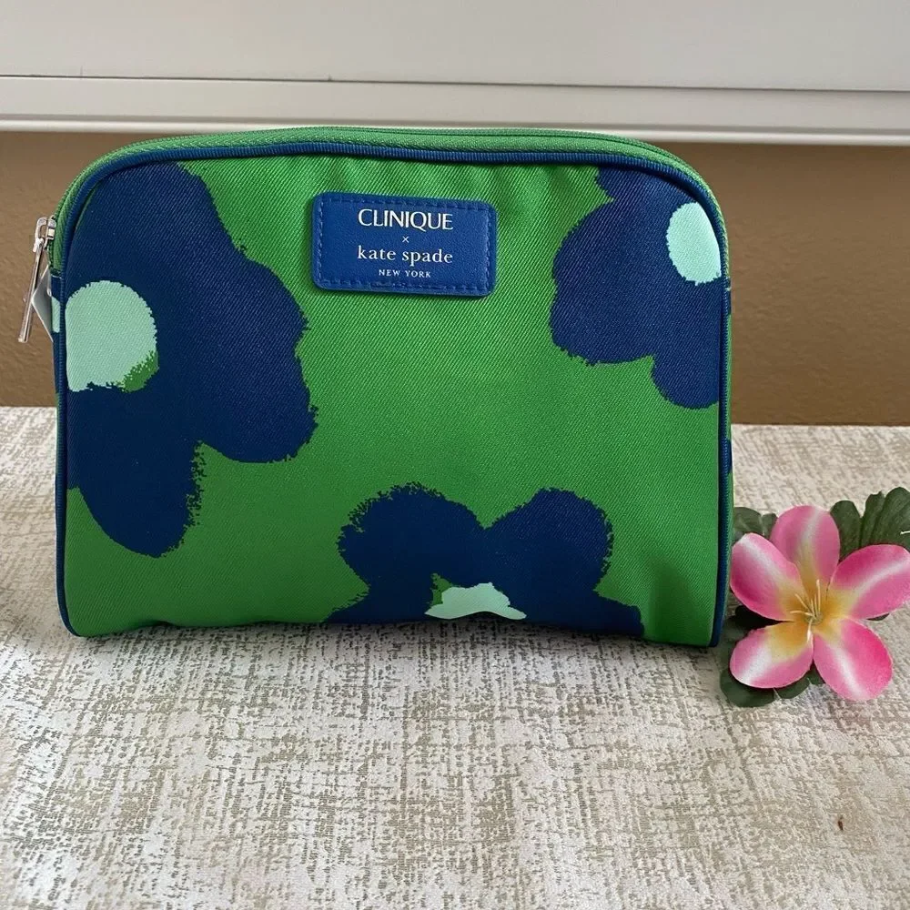 Kate Spade x Clinique Collab Green/Blue Floral Zip Top Make Up/Cosmetic Bag. NWT